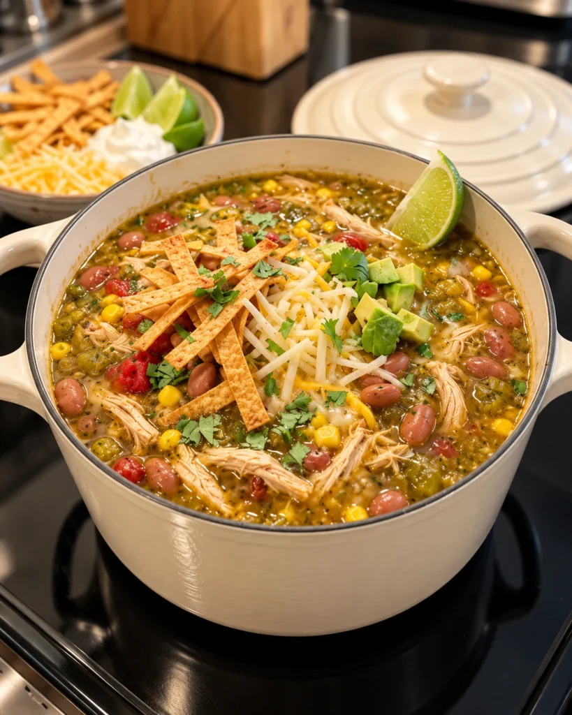 Hatch green chile chicken and pinto bean tortilla caldo with cheese, avocado, cilantro, and lime