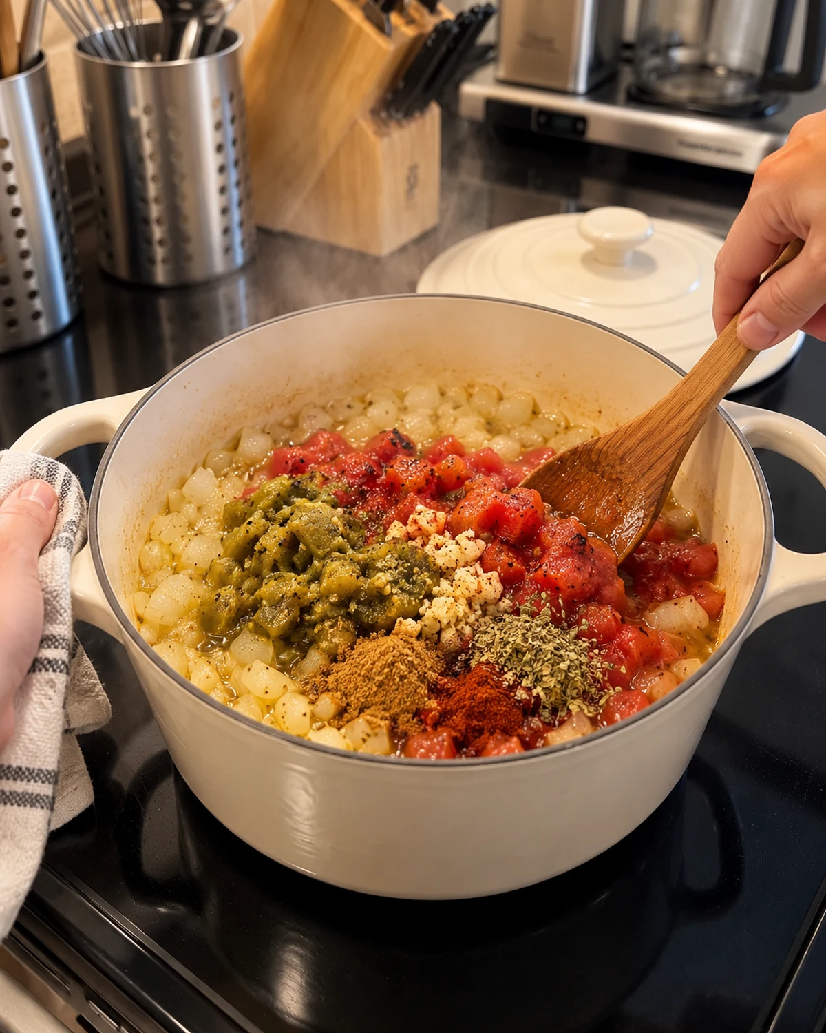 Onion, garlic, roasted Hatch green chiles, tomatoes, and spices cooking in a Dutch oven
