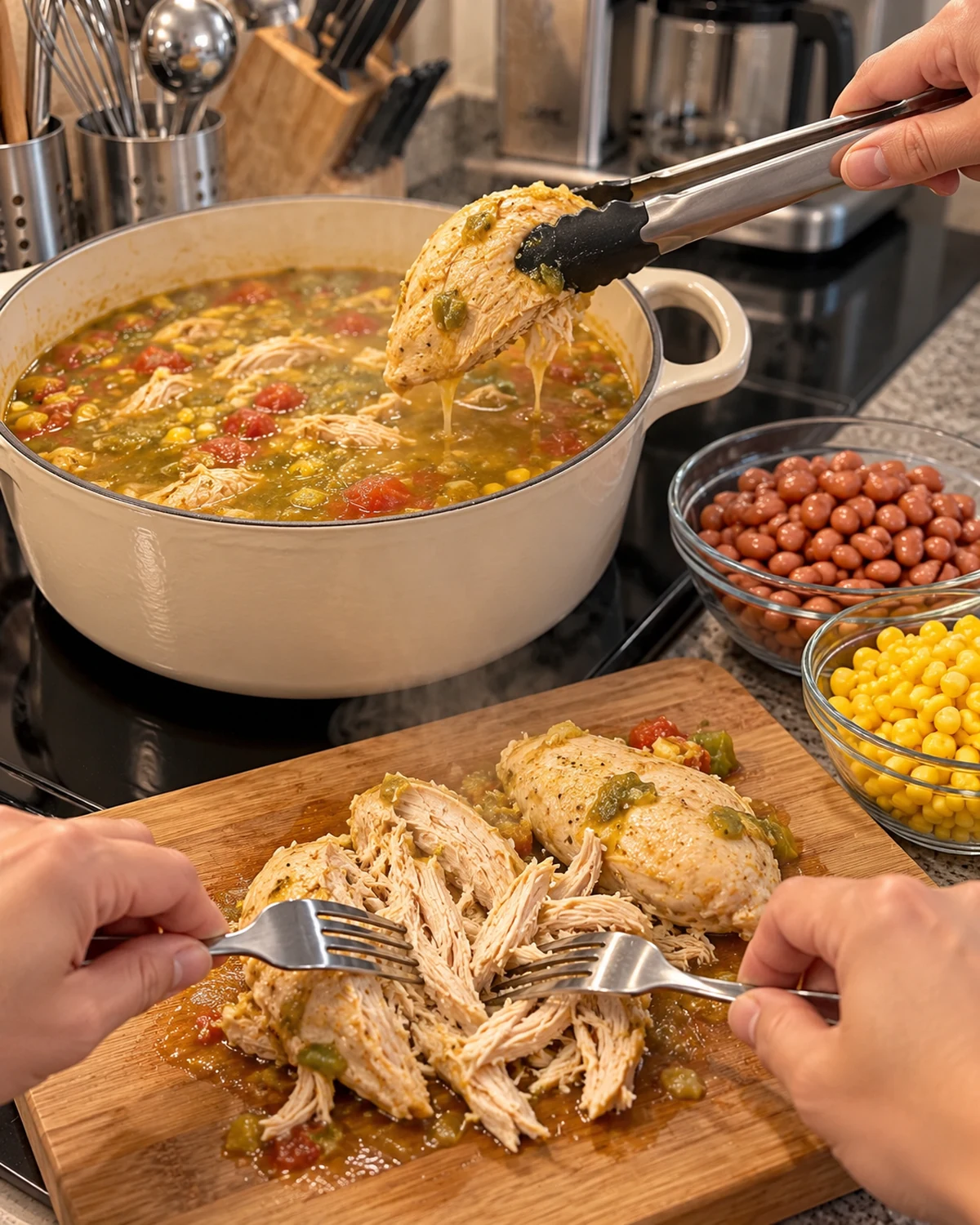 Cooked chicken being removed from green chile broth and shredded with two forks