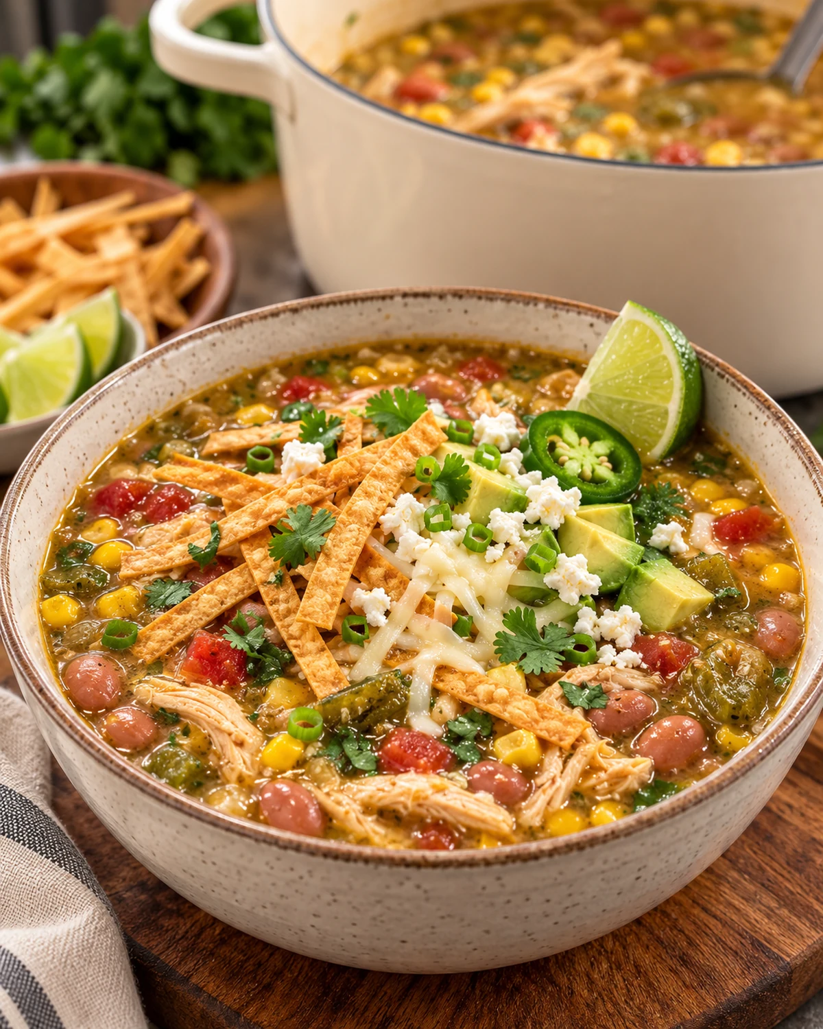 Finished Hatch green chile chicken caldo topped with tortilla strips, cheese, avocado, cilantro, and lime
