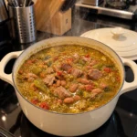 Hatch Green Chile pork and pinto bean tamale stew in a cream Dutch oven