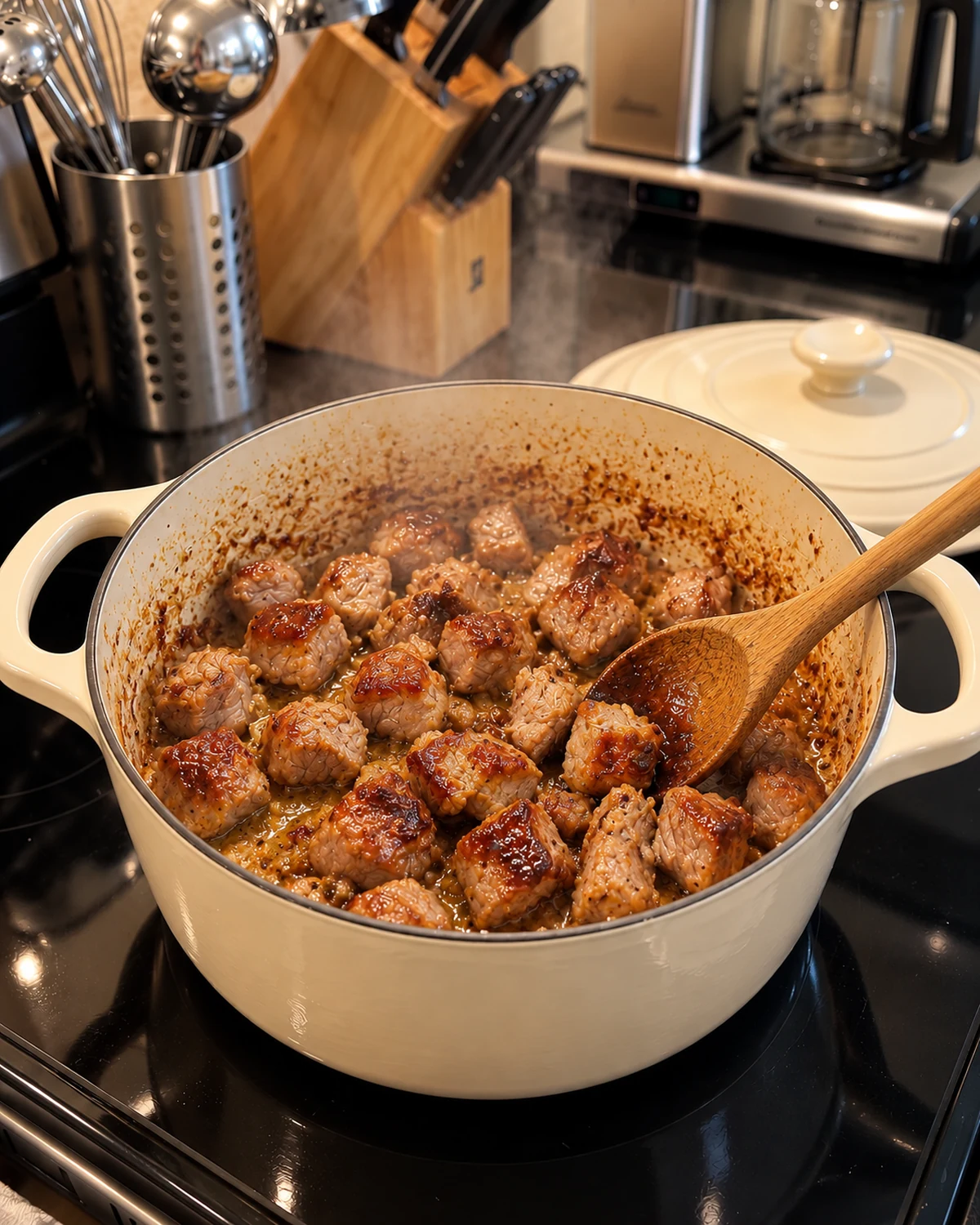 Pork shoulder cubes browning in a cream enameled Dutch oven