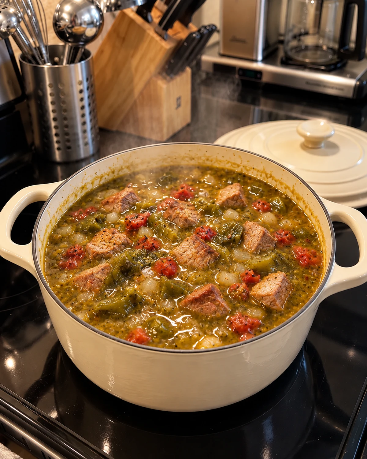 Hatch green chile, fire-roasted tomato, and pork stew simmering in a Dutch oven