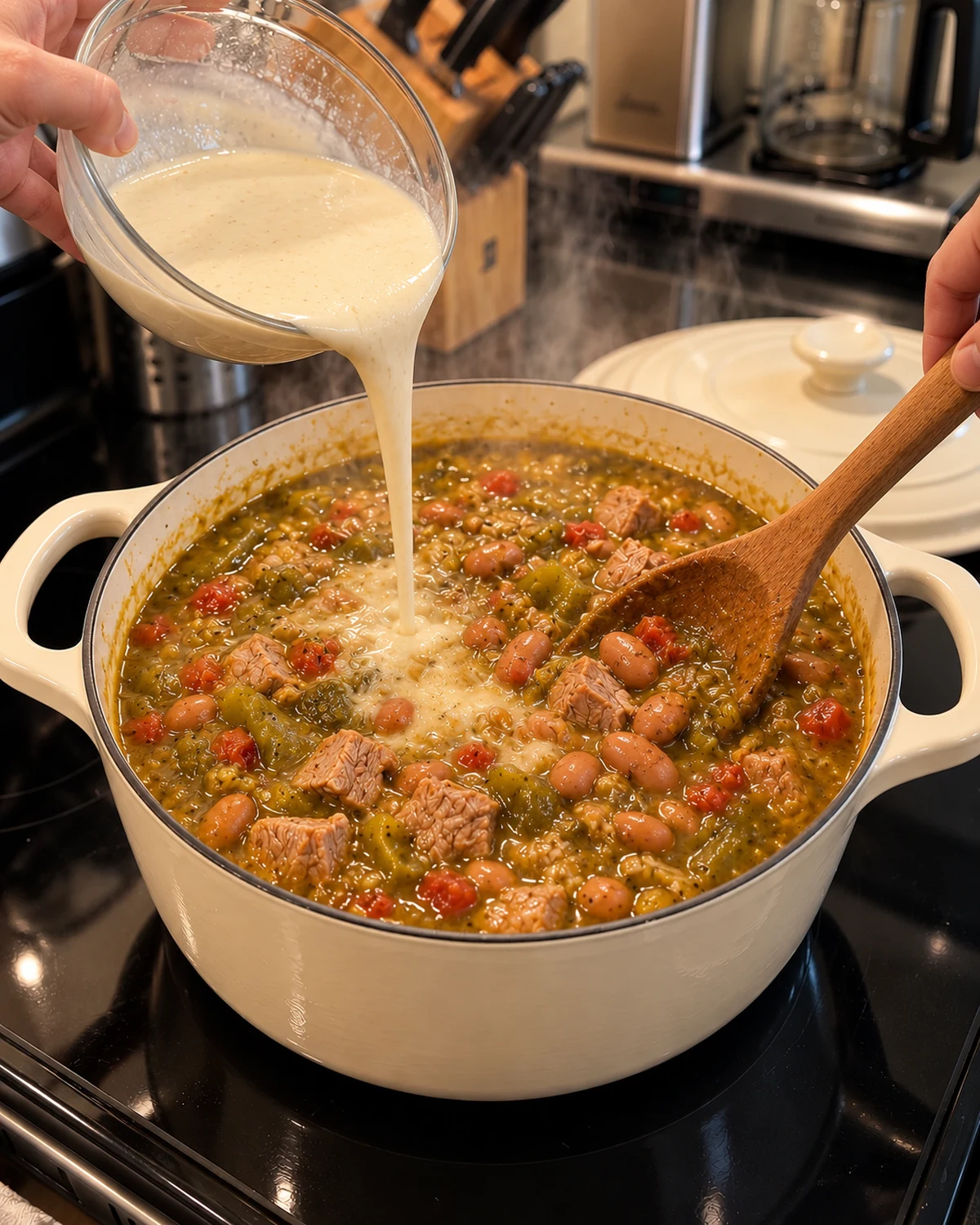 Pinto beans and masa harina slurry being stirred into Hatch green chile pork stew