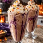 Hocus Pocus Halloween chocolate milkshake with whipped cream, purple drizzle, and candy garnish