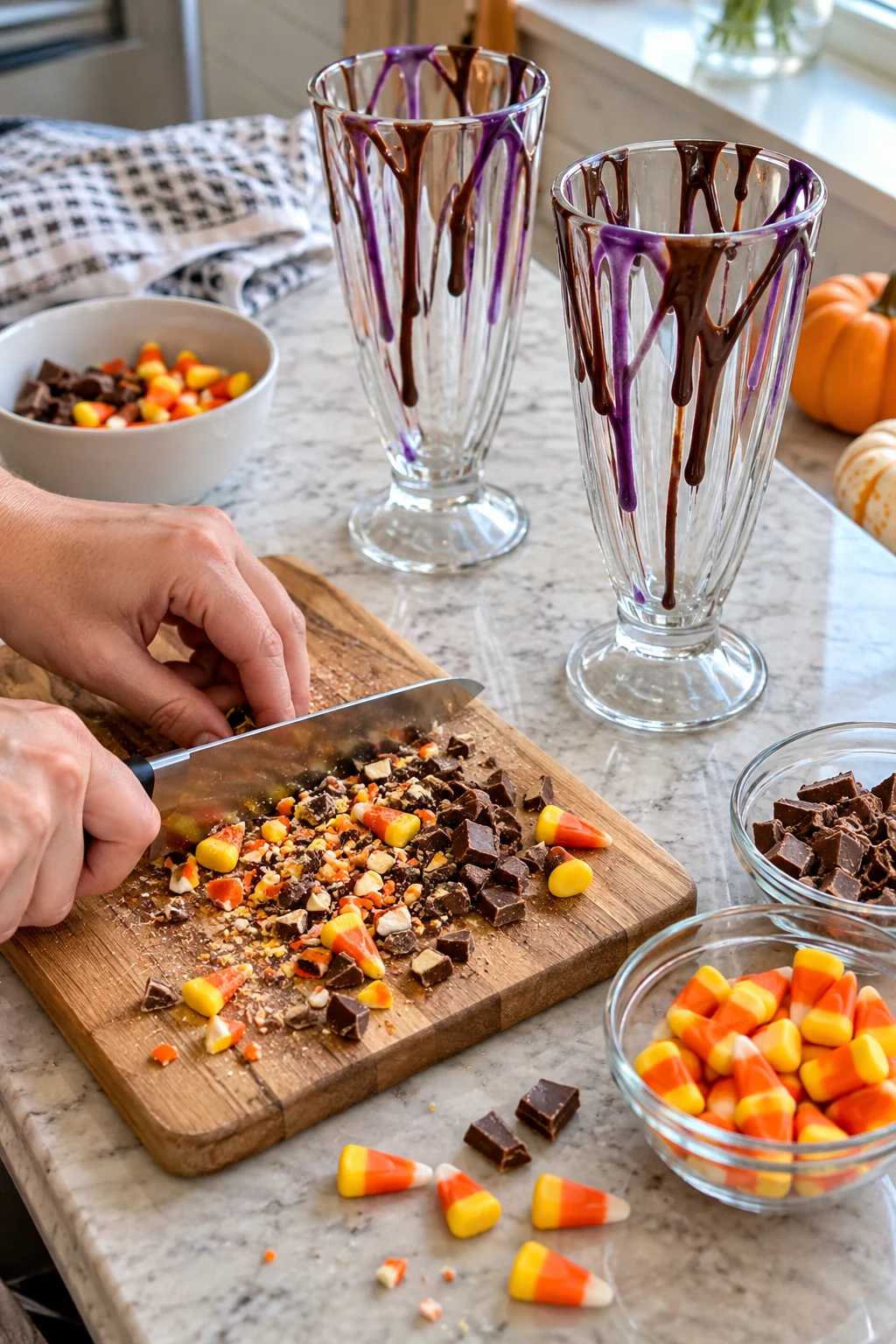 Halloween candy crushed beside chilled glasses drizzled with chocolate and purple syrup