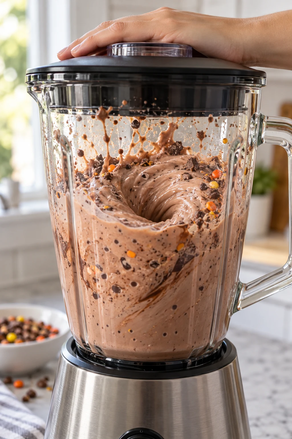Vanilla ice cream, milk, chocolate syrup, and crushed candy blending into a milkshake