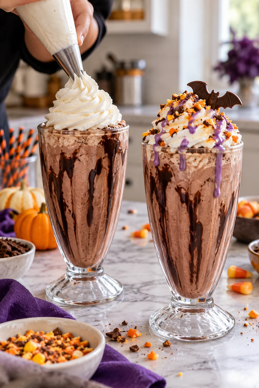 Chocolate Halloween milkshakes topped with whipped cream, candy, and purple syrup