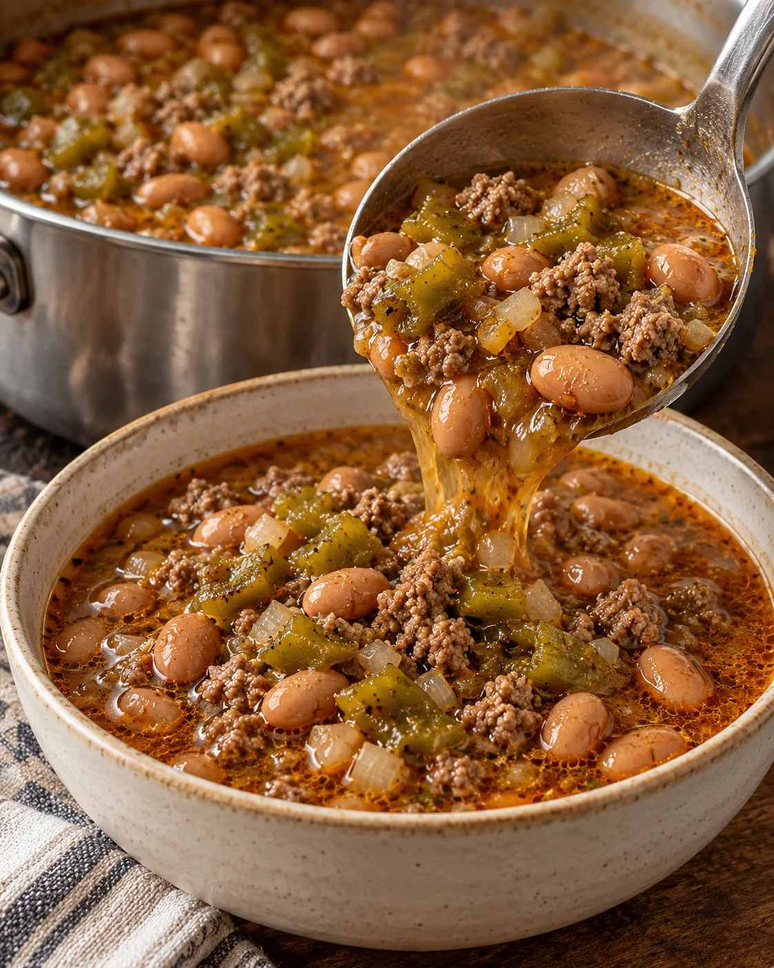 Green chile pinto bean and ground beef stew being ladled into a bowl