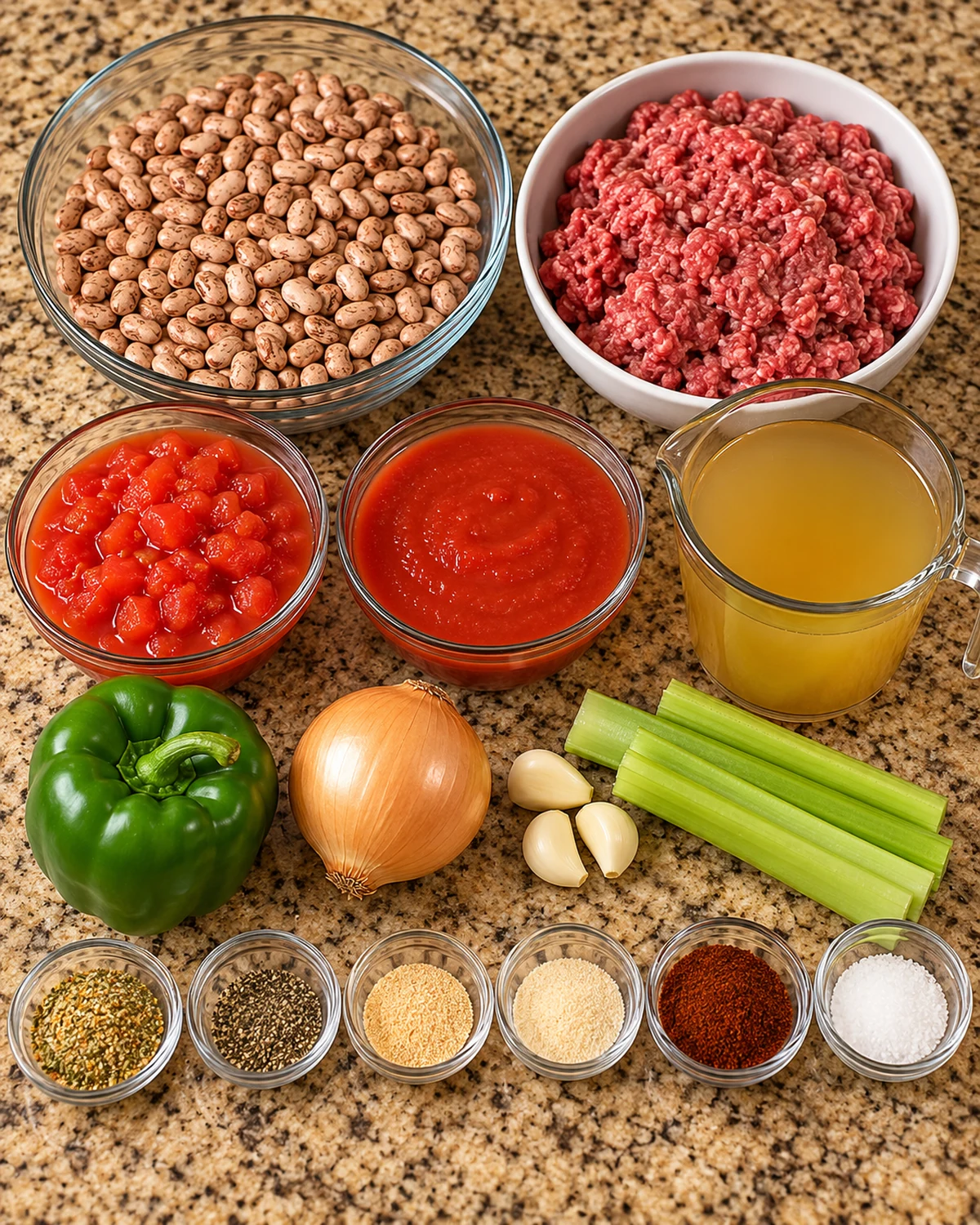 Ingredients for homemade Mexican beef chili with dried pinto beans
