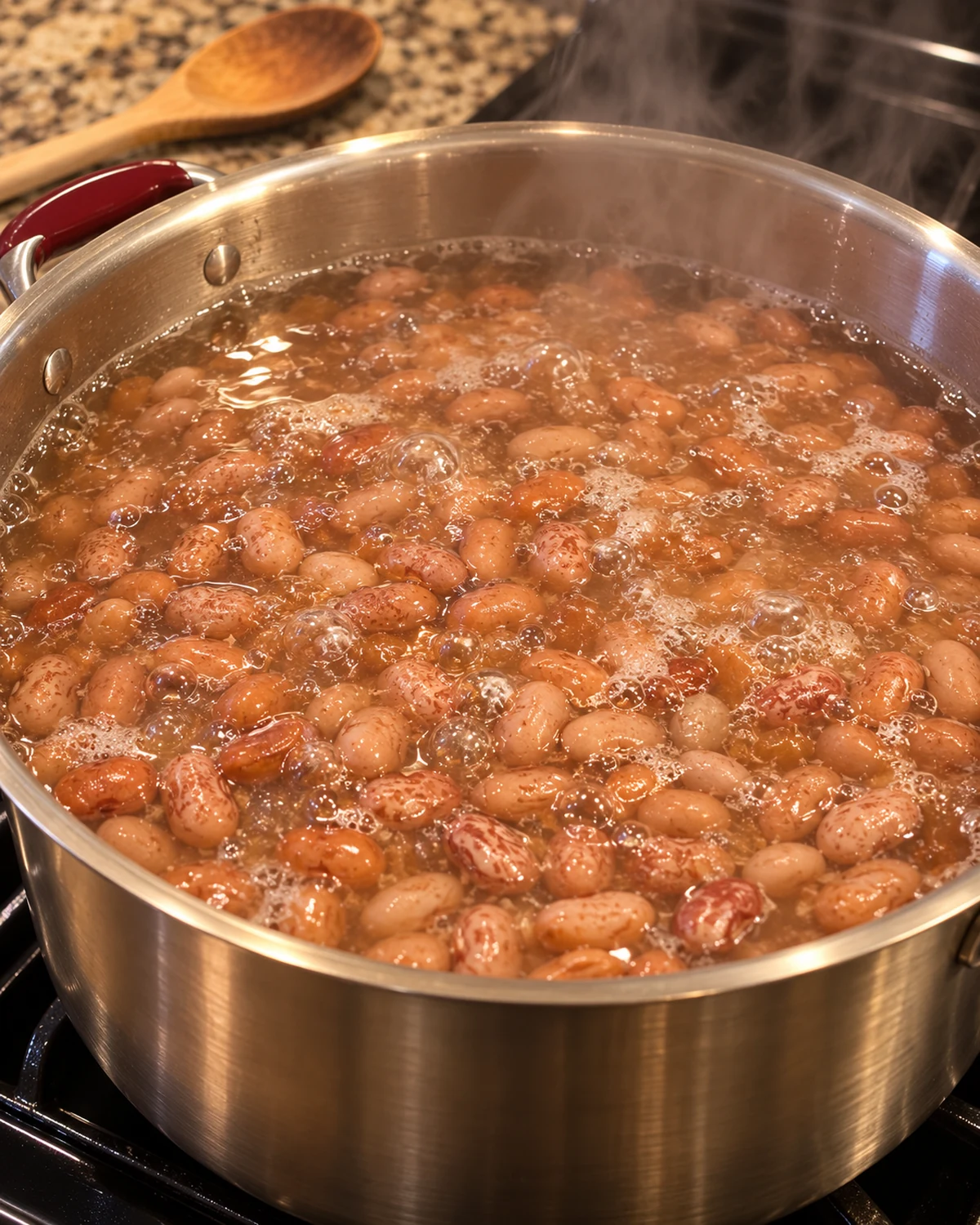 Soaked pinto beans boiling safely in fresh water on the stovetop