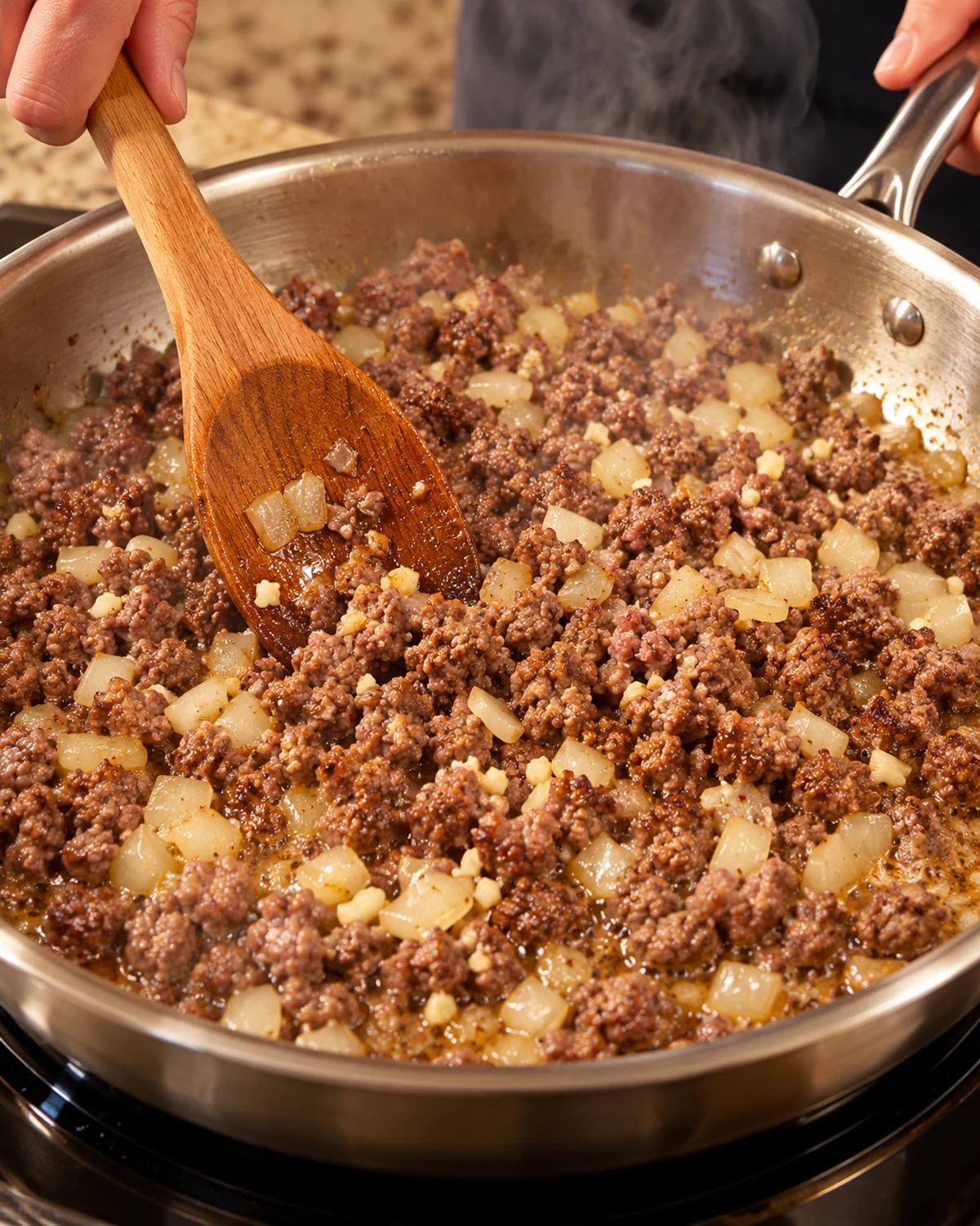 Ground beef browning with diced onion and minced garlic
