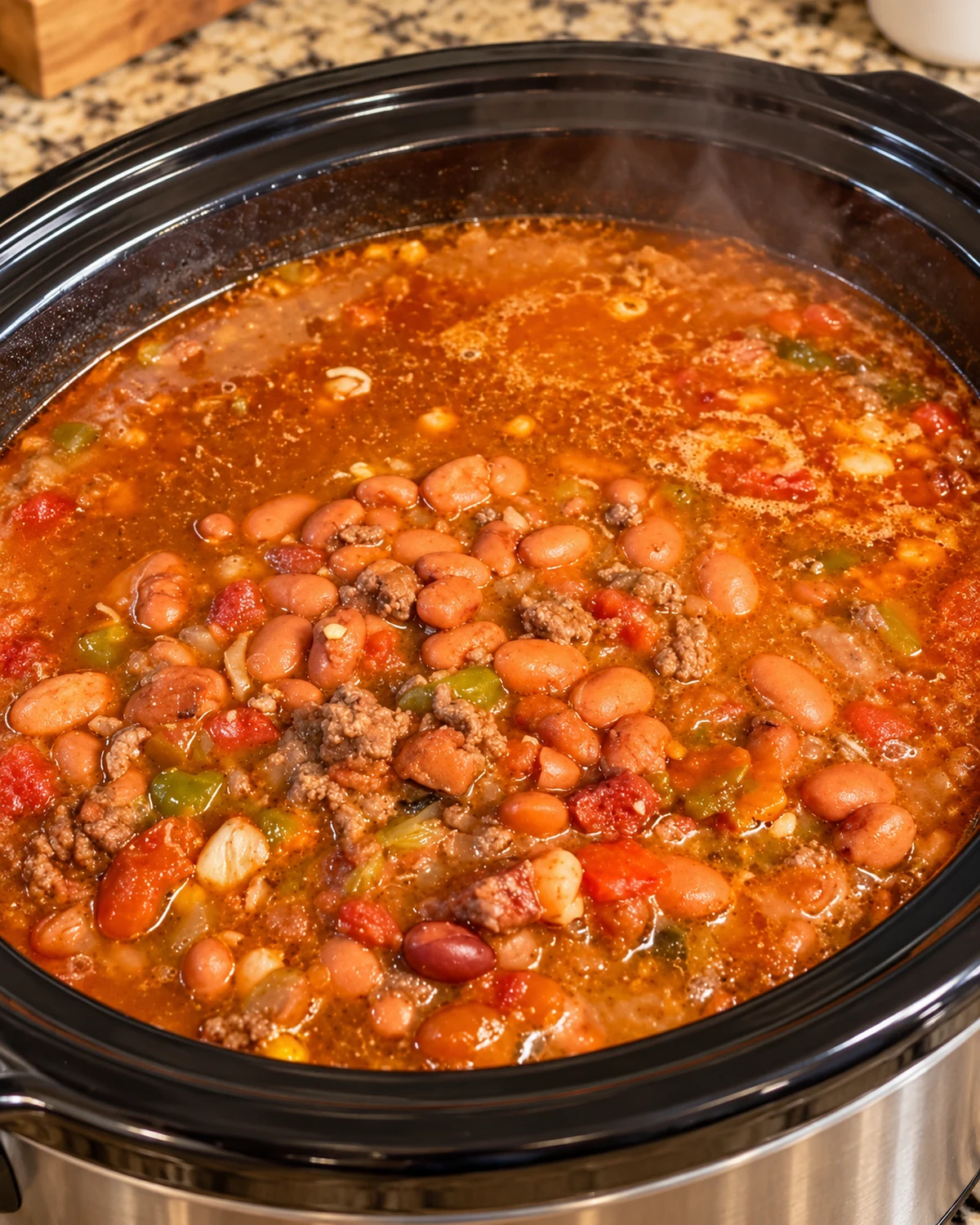Homemade Mexican beef chili simmering in a slow cooker