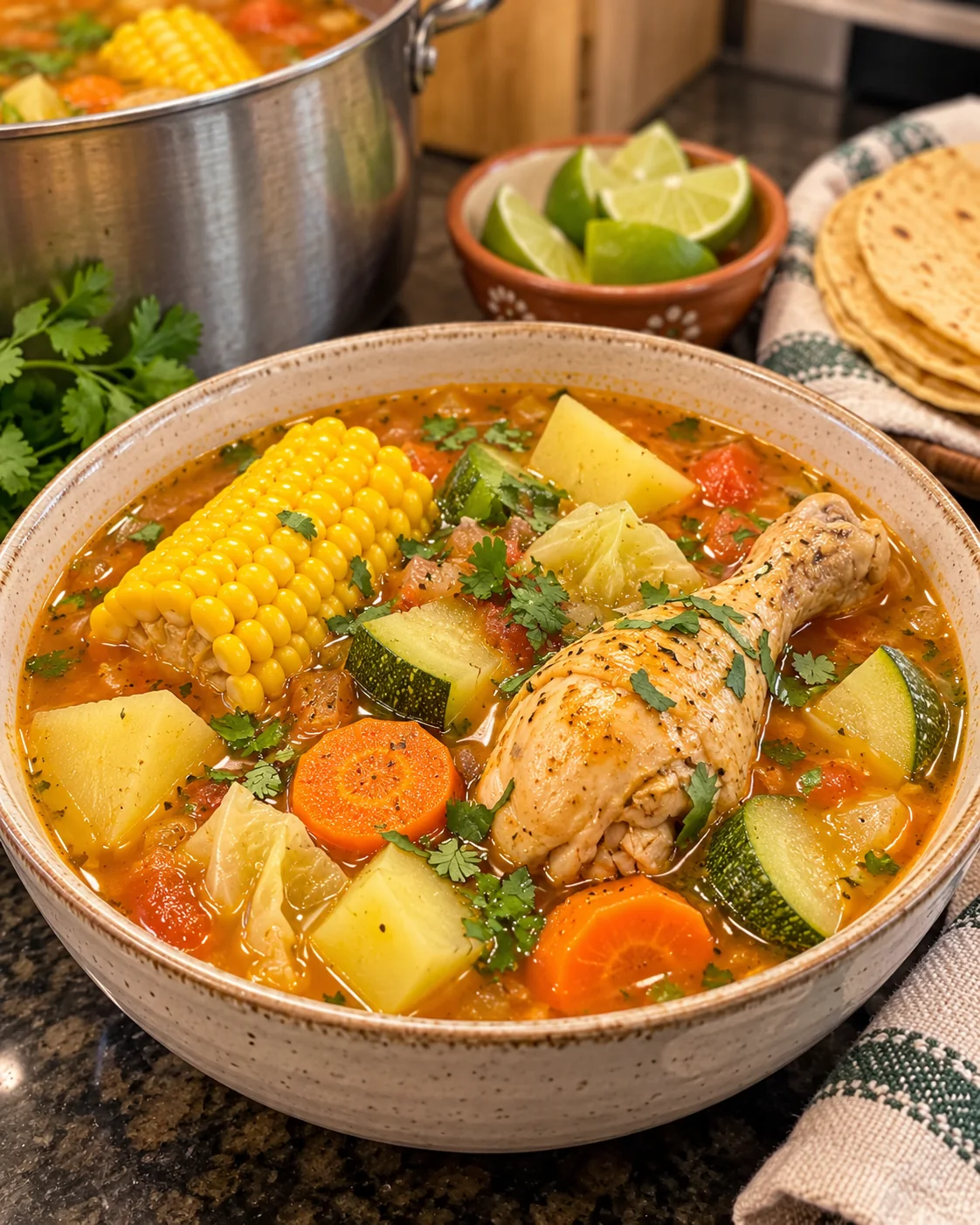 Homemade Mexican Sopa de Pollo served with chicken vegetables and cilantro