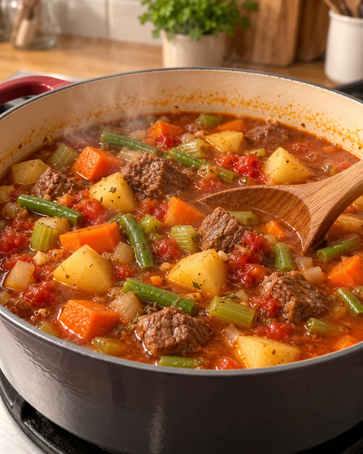 Vegetable beef soup simmering with beef chuck potatoes carrots and green beans