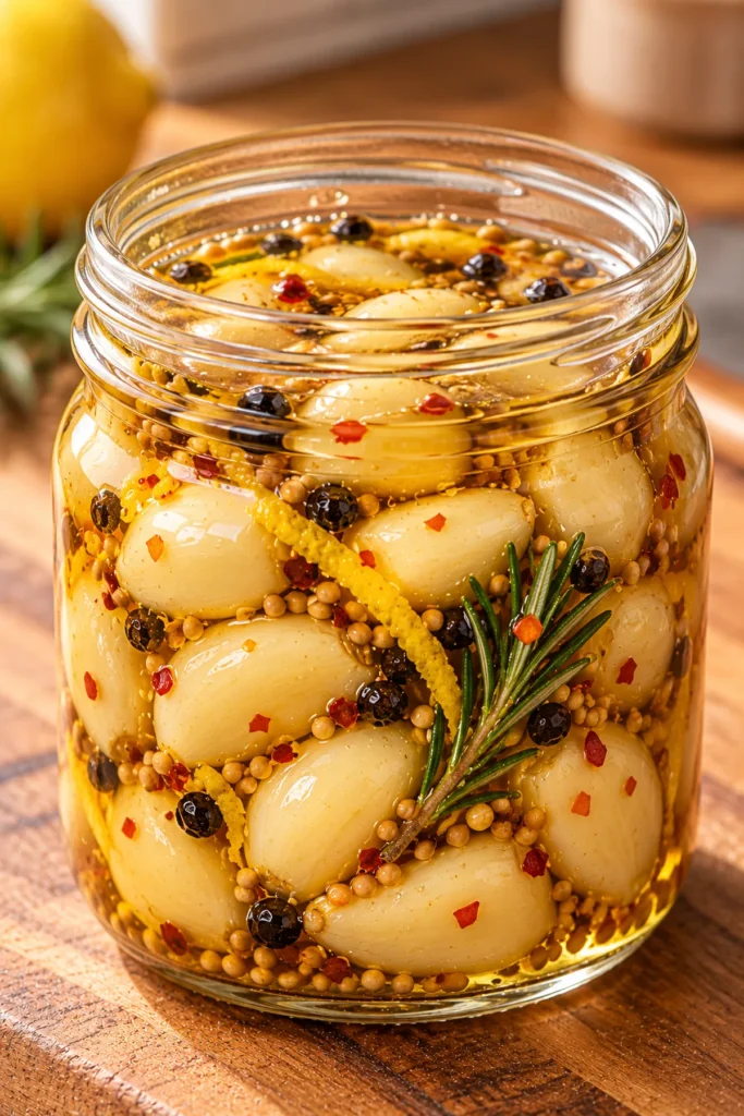Close-up of tender-crisp honey lemon pickled garlic submerged in golden spiced brine