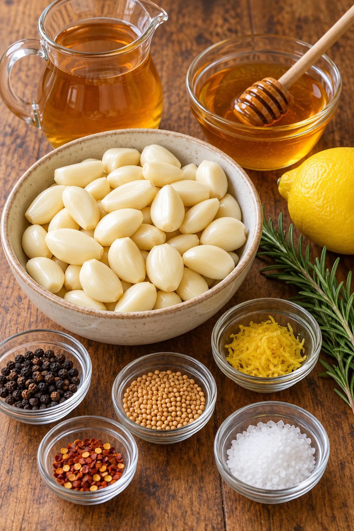 Peeled garlic, apple cider vinegar, honey, lemon, rosemary, peppercorns, mustard seeds, salt, and red pepper flakes