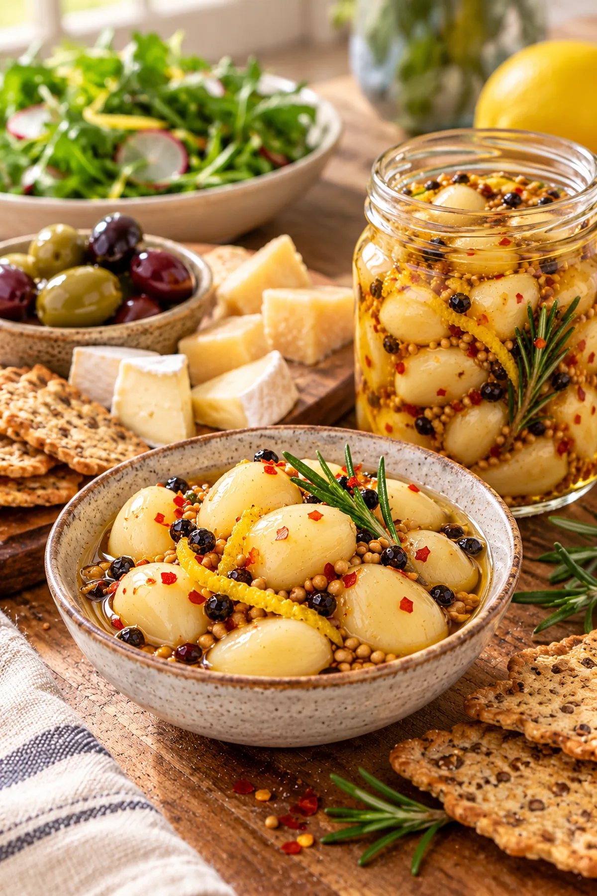 Honey lemon pickled garlic served with cheese, crackers, olives, and a fresh salad