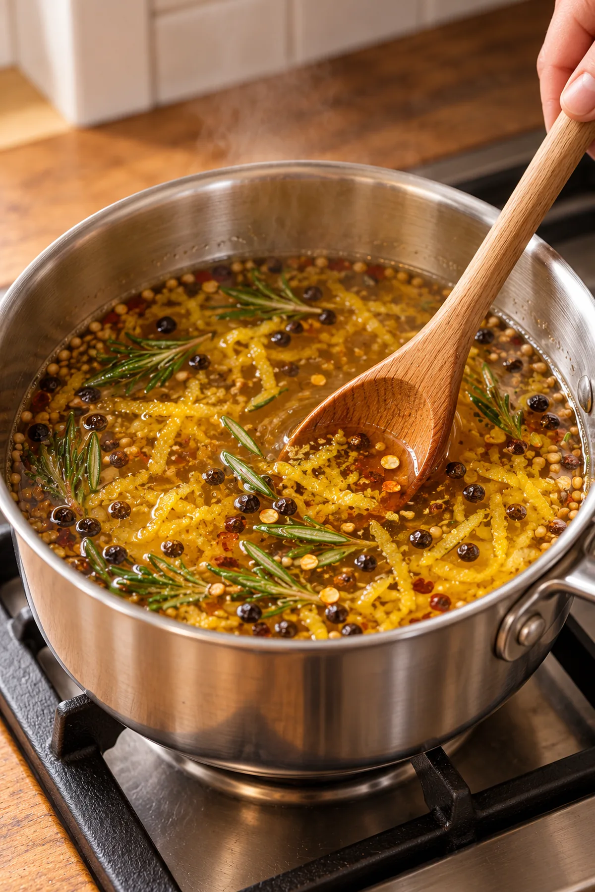 Honey lemon pickling brine with rosemary and whole spices gently simmering in a saucepan