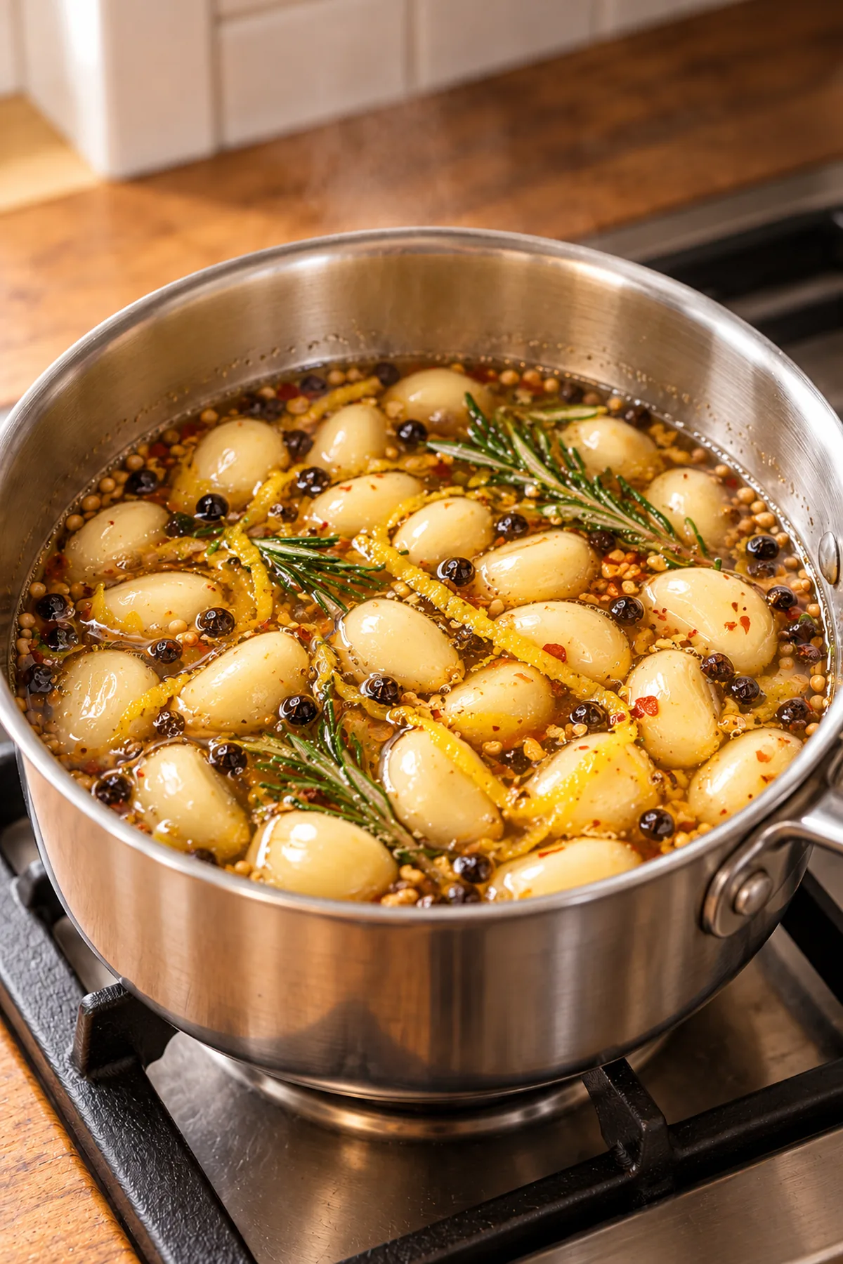 Whole peeled garlic cloves gently simmering in golden honey lemon pickling brine