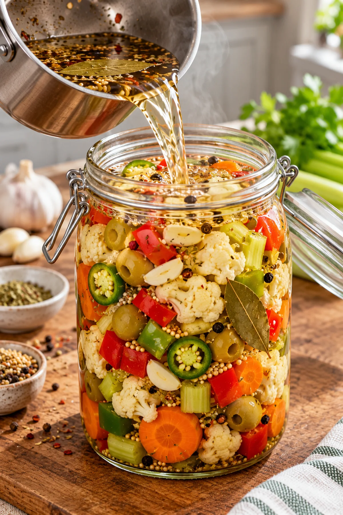 Hot oregano pickling brine poured over Italian giardiniera vegetables in a glass jar