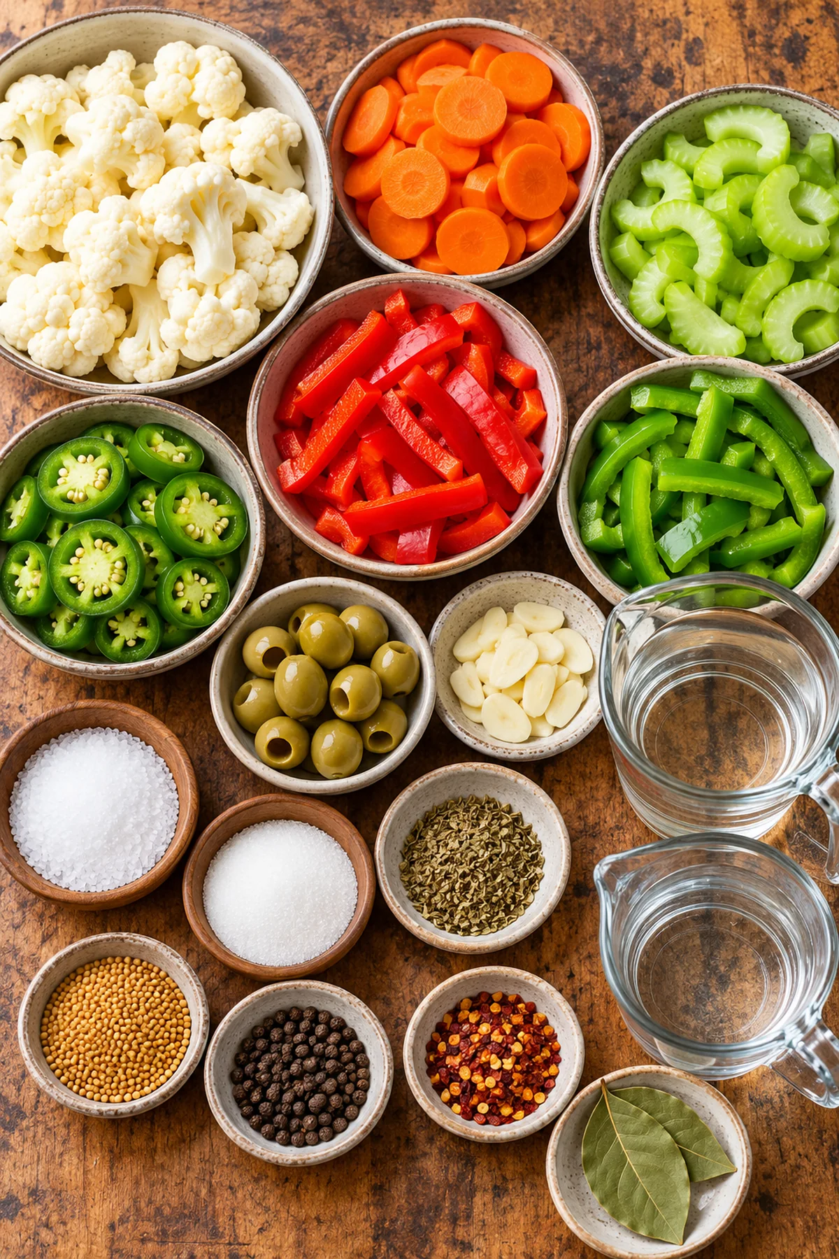 Cauliflower, carrots, celery, peppers, jalapeños, olives, garlic, vinegar, oregano, and pickling spices