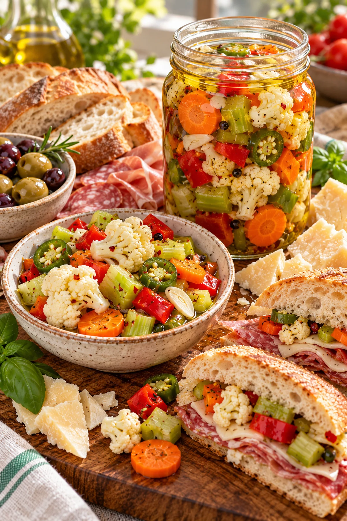 Homemade Italian giardiniera served with antipasto, cheese, bread, and Italian sandwiches
