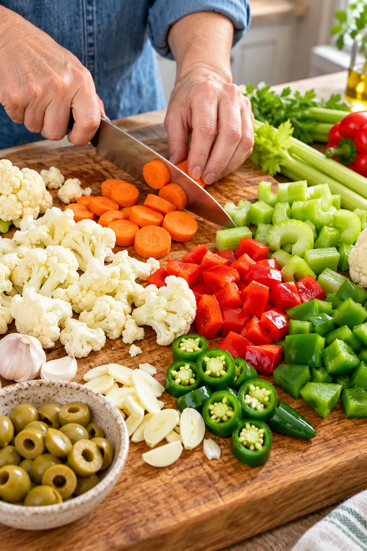 Cauliflower, carrots, celery, red and green peppers, jalapeños, and garlic cut into bite-size pieces