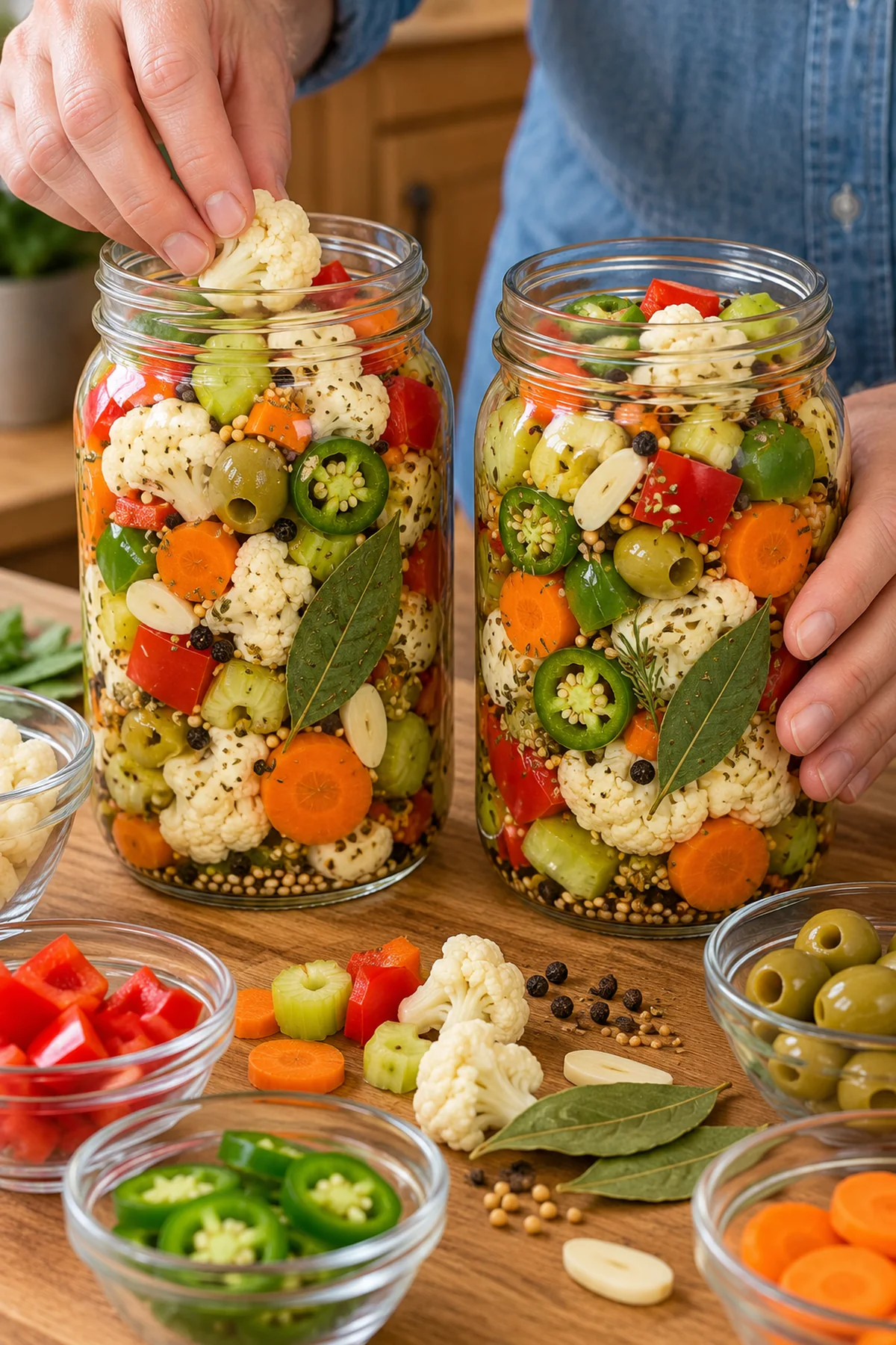 Colorful giardiniera vegetables, olives, garlic, and spices packed into two quart-size jars