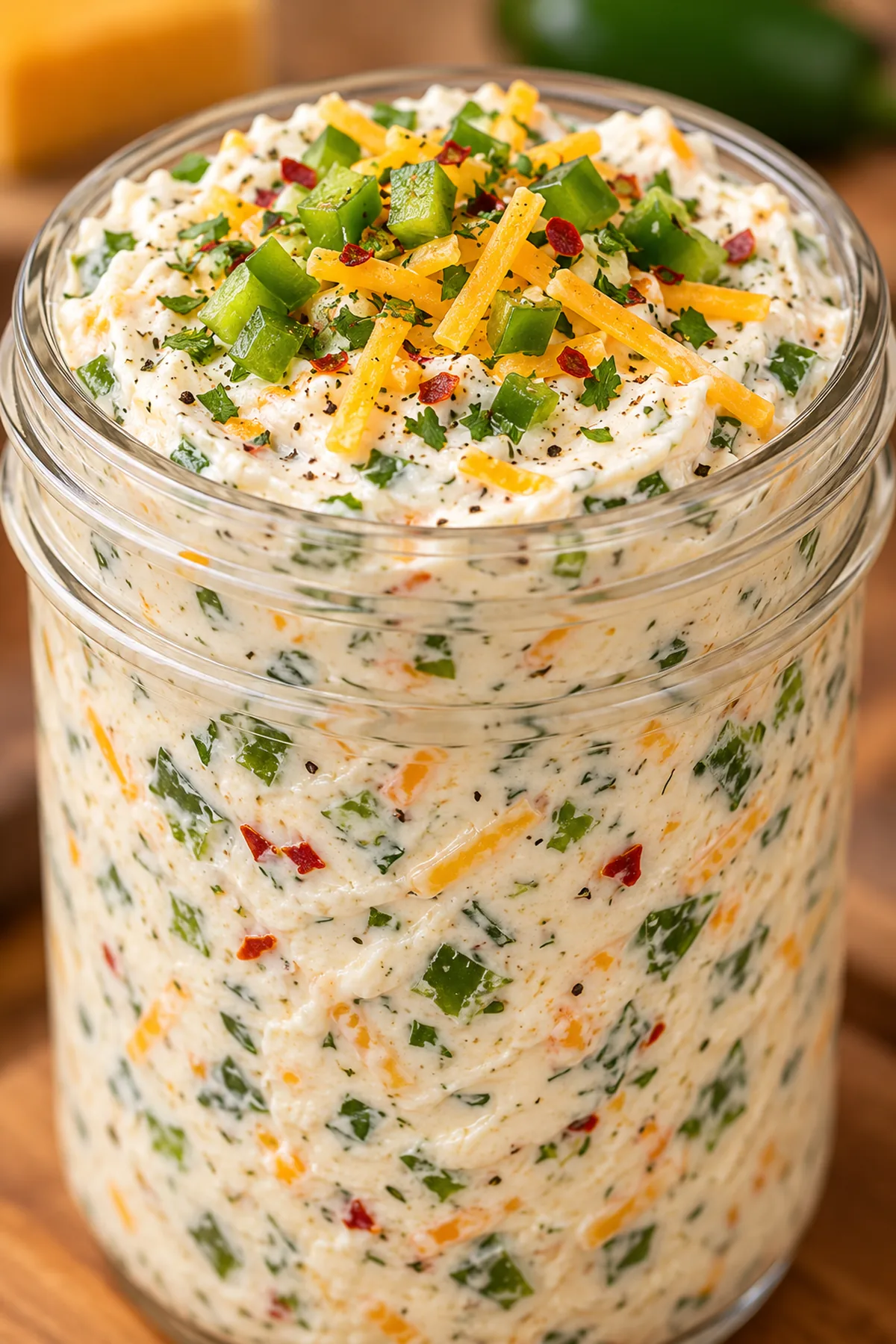 Close-up of creamy jalapeño ranch spread with cheddar, herbs, and red pepper flakes