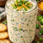 Jalapeño ranch cream cheese spread in a glass jar with cheddar and fresh jalapeño garnish
