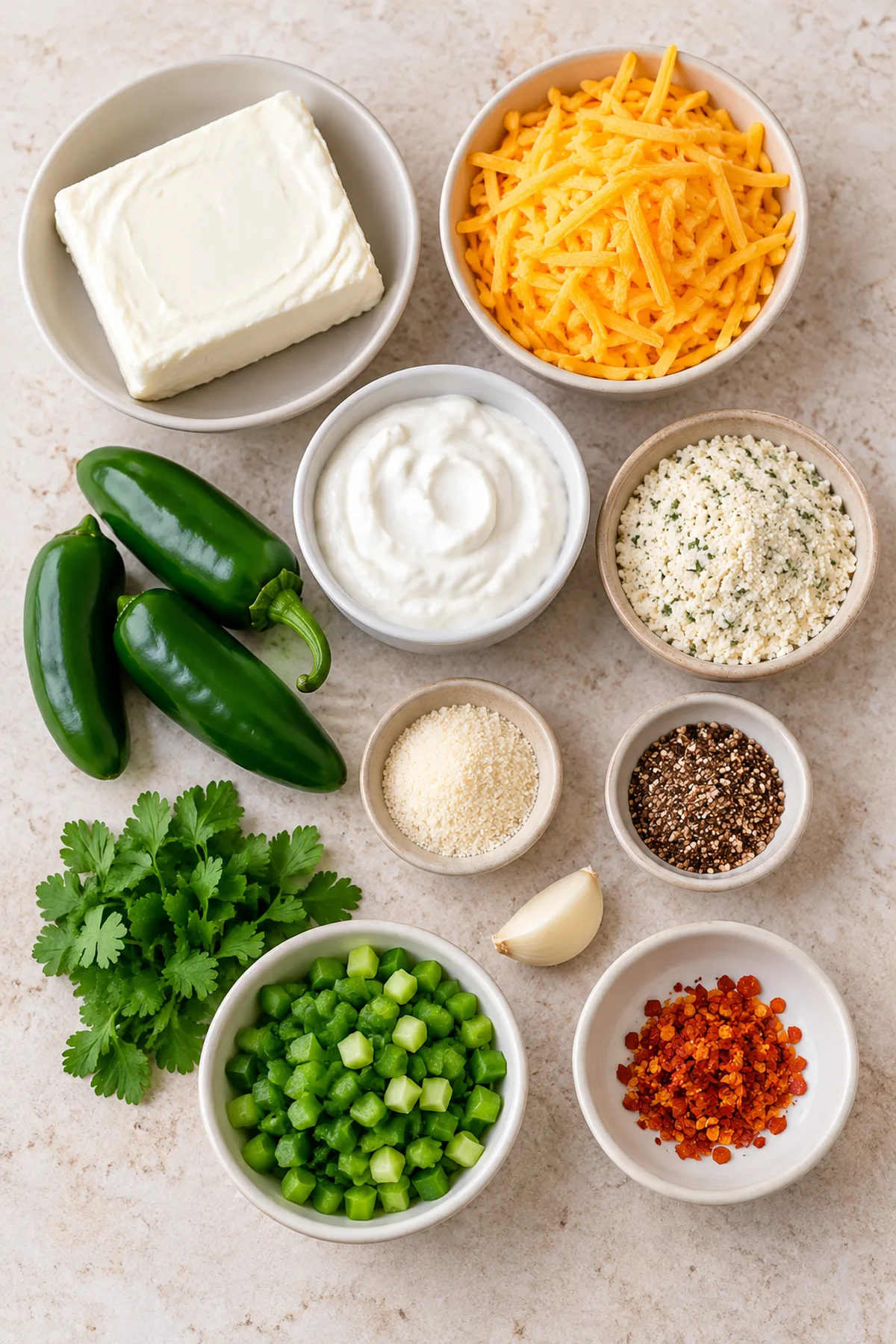 Ingredients for jalapeño ranch cream cheese spread arranged on a kitchen counter
