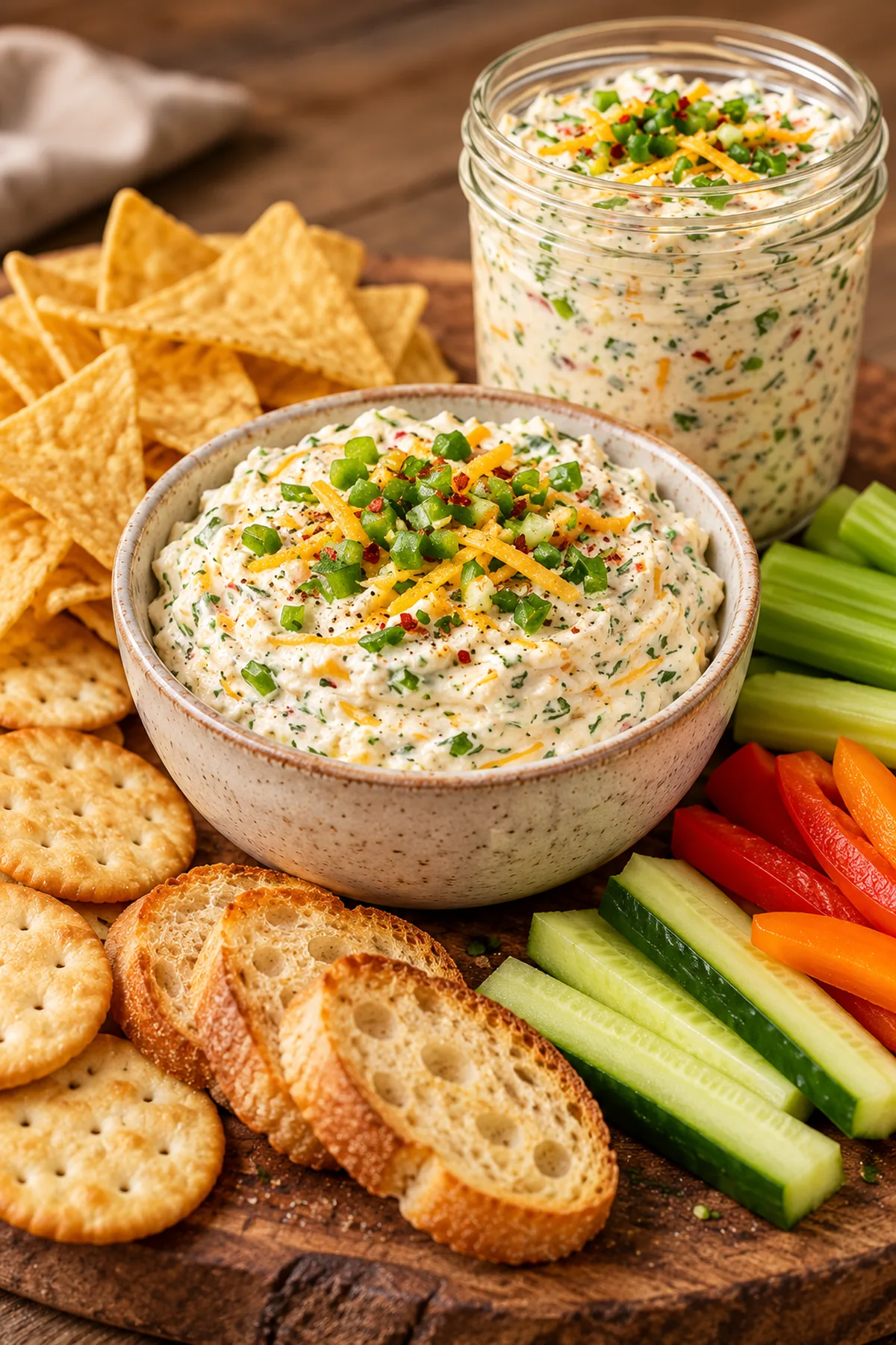 Jalapeño ranch cream cheese spread served with crackers, chips, toasted bread, and vegetables