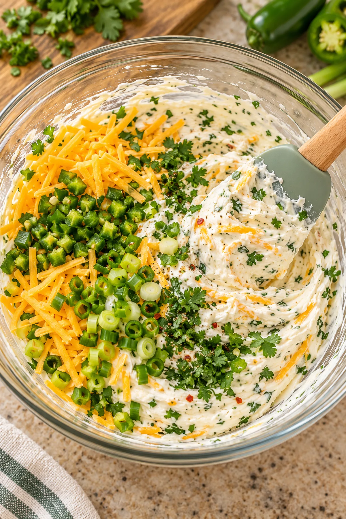 Cheddar, diced jalapeño, green onion, and fresh herbs folded into whipped cream cheese