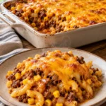 Loaded cowboy cheeseburger casserole with beef, pasta, corn, barbecue sauce, and cheddar