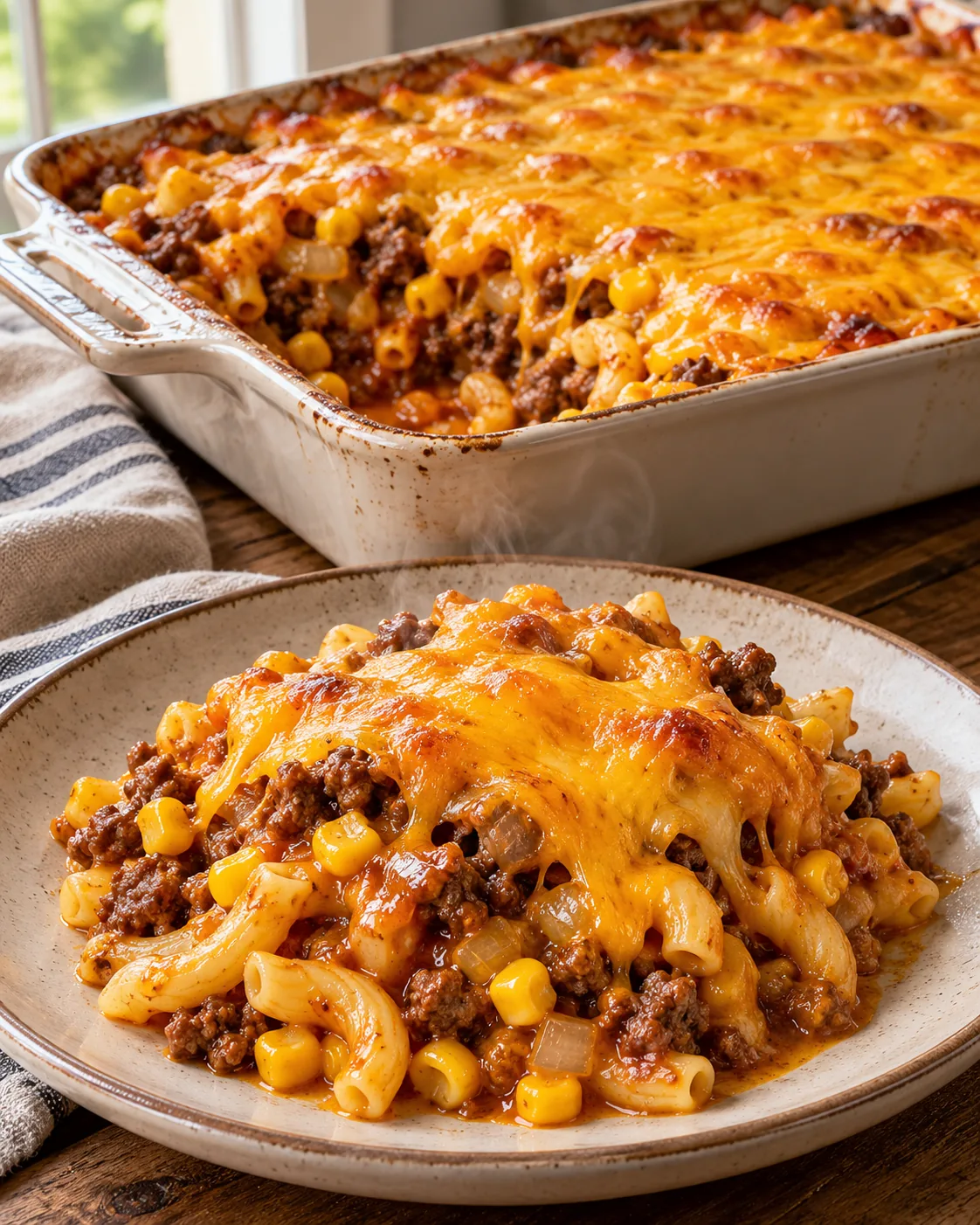 Loaded cowboy cheeseburger casserole with beef, pasta, corn, barbecue sauce, and cheddar