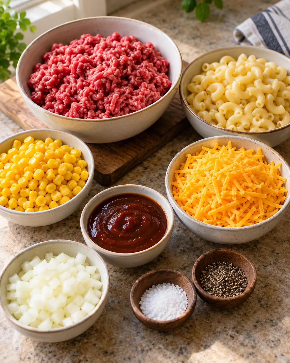 Ground beef, cooked pasta, corn, cheddar, barbecue sauce, diced onion, salt, and pepper