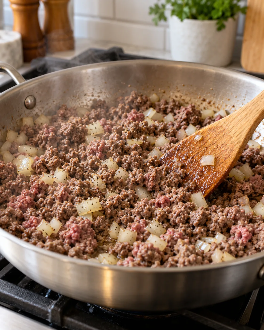 Ground beef and diced onion browning in a skillet