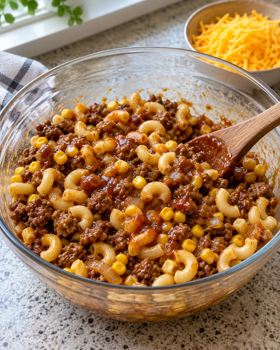 Cooked beef, pasta, corn, onion, and barbecue sauce mixed for casserole