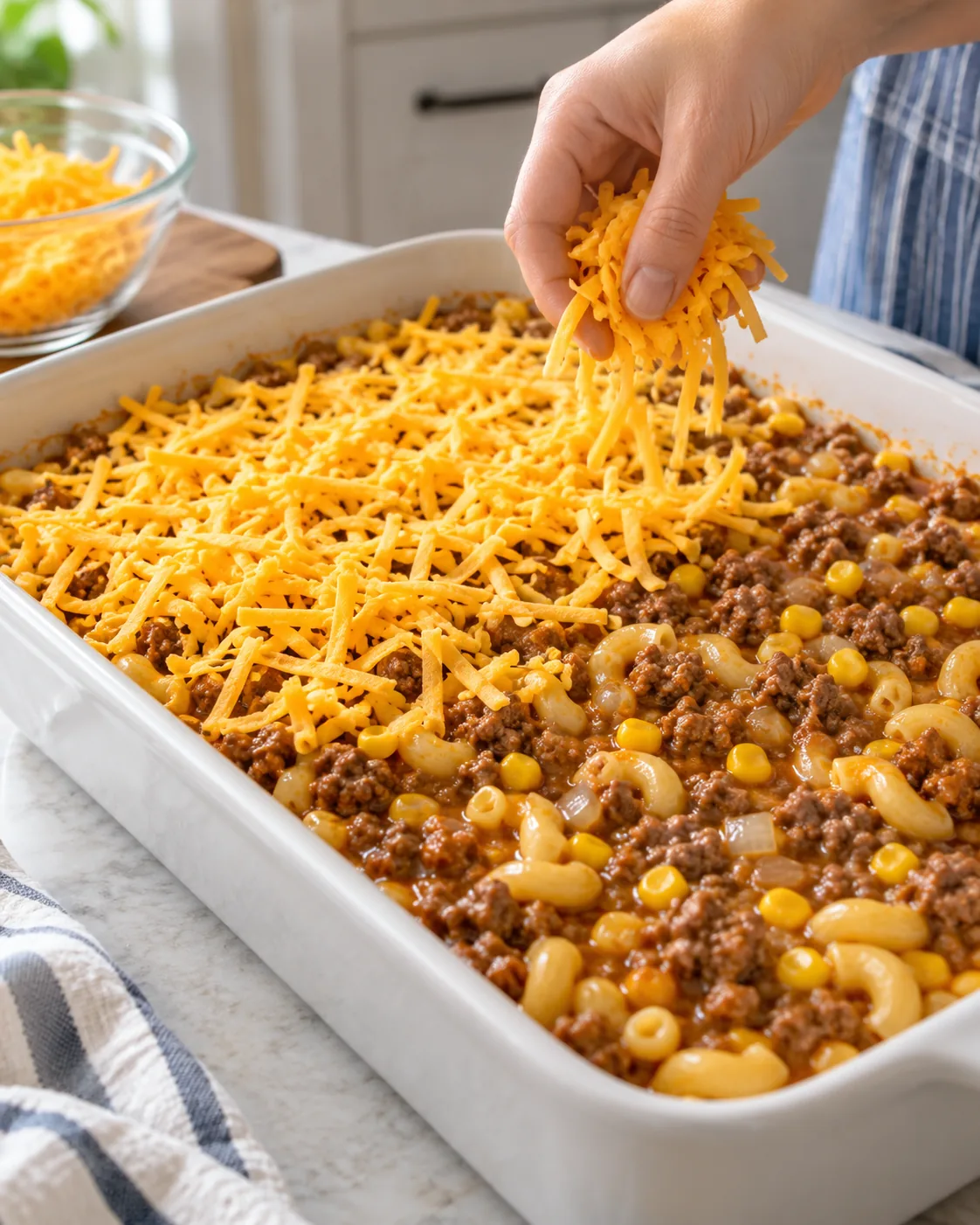 Shredded cheddar added to loaded cowboy cheeseburger casserole before baking