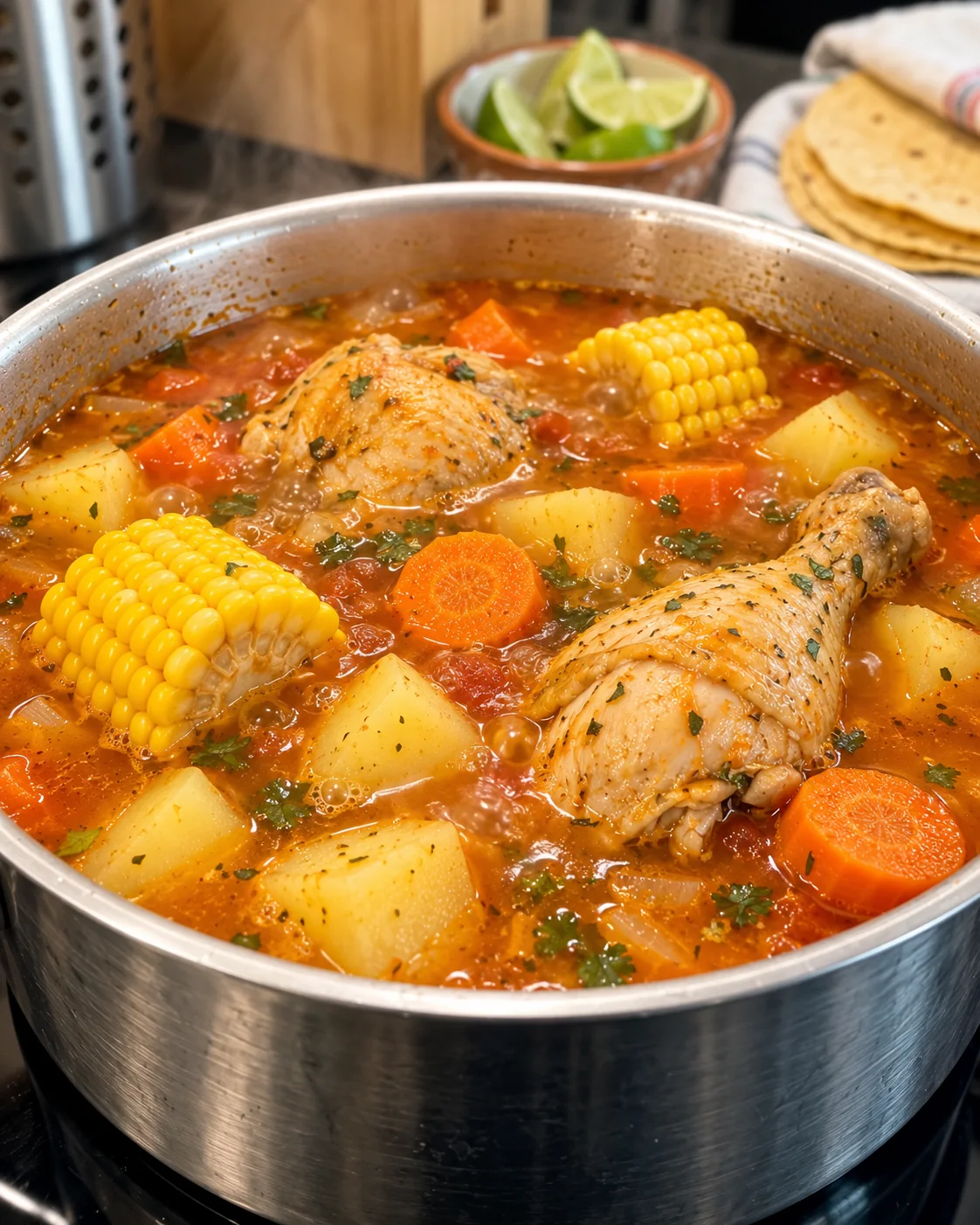 Mexican chicken soup simmering with corn potatoes and carrots