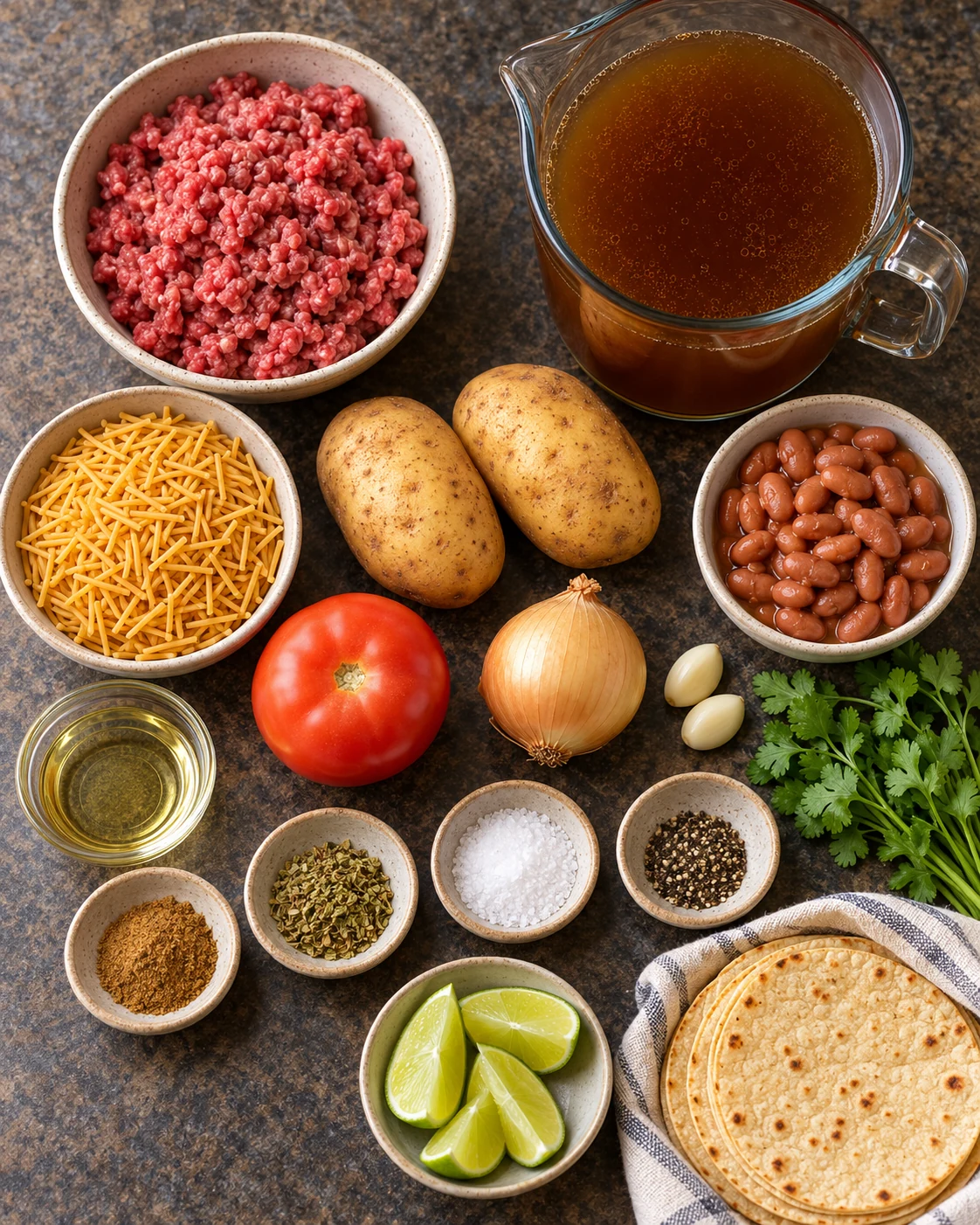 Ingredients for Mexican fideo soup with beef potatoes and beans