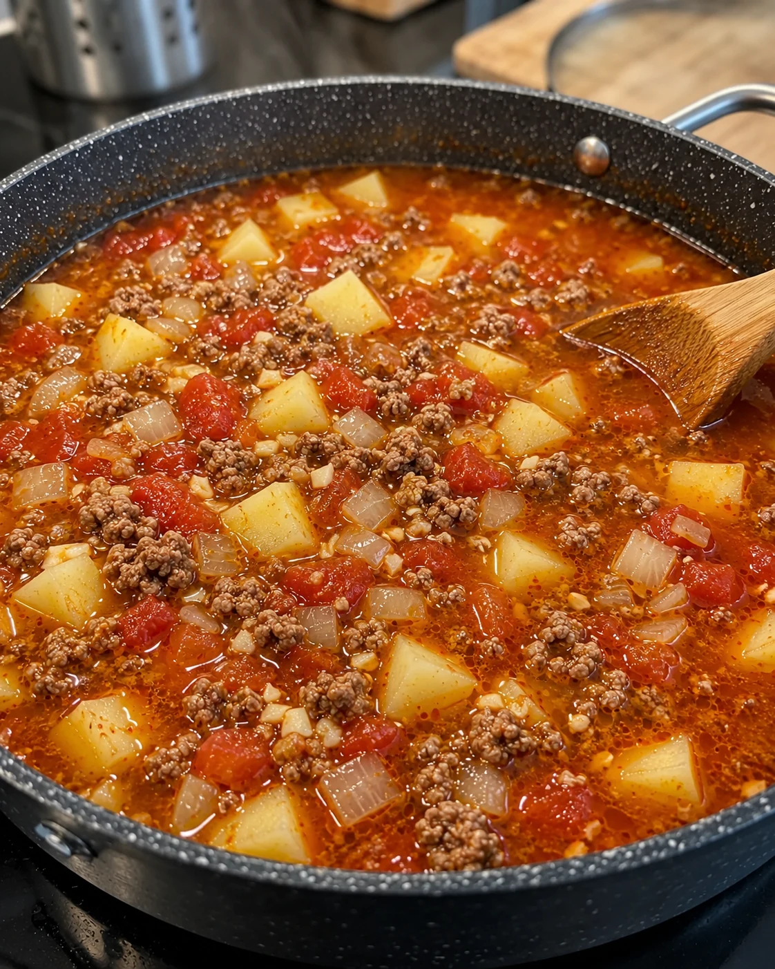 Ground beef tomato and potato soup base cooking in a pot