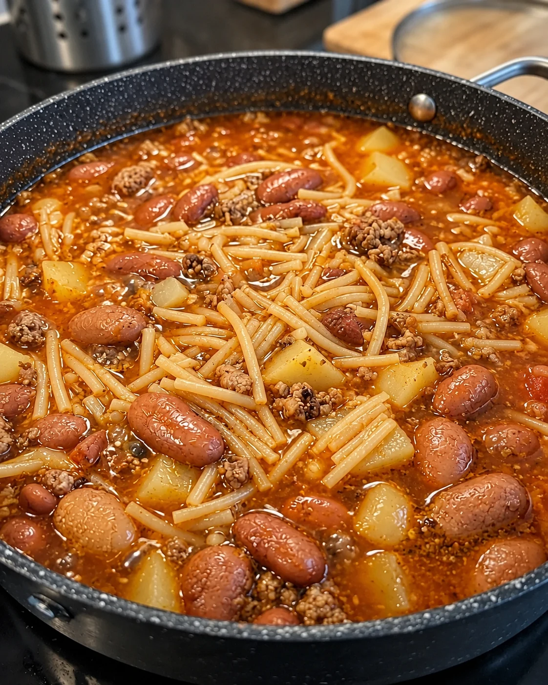 Mexican Noodle Soup with Potatoes, Beans & Ground Beef