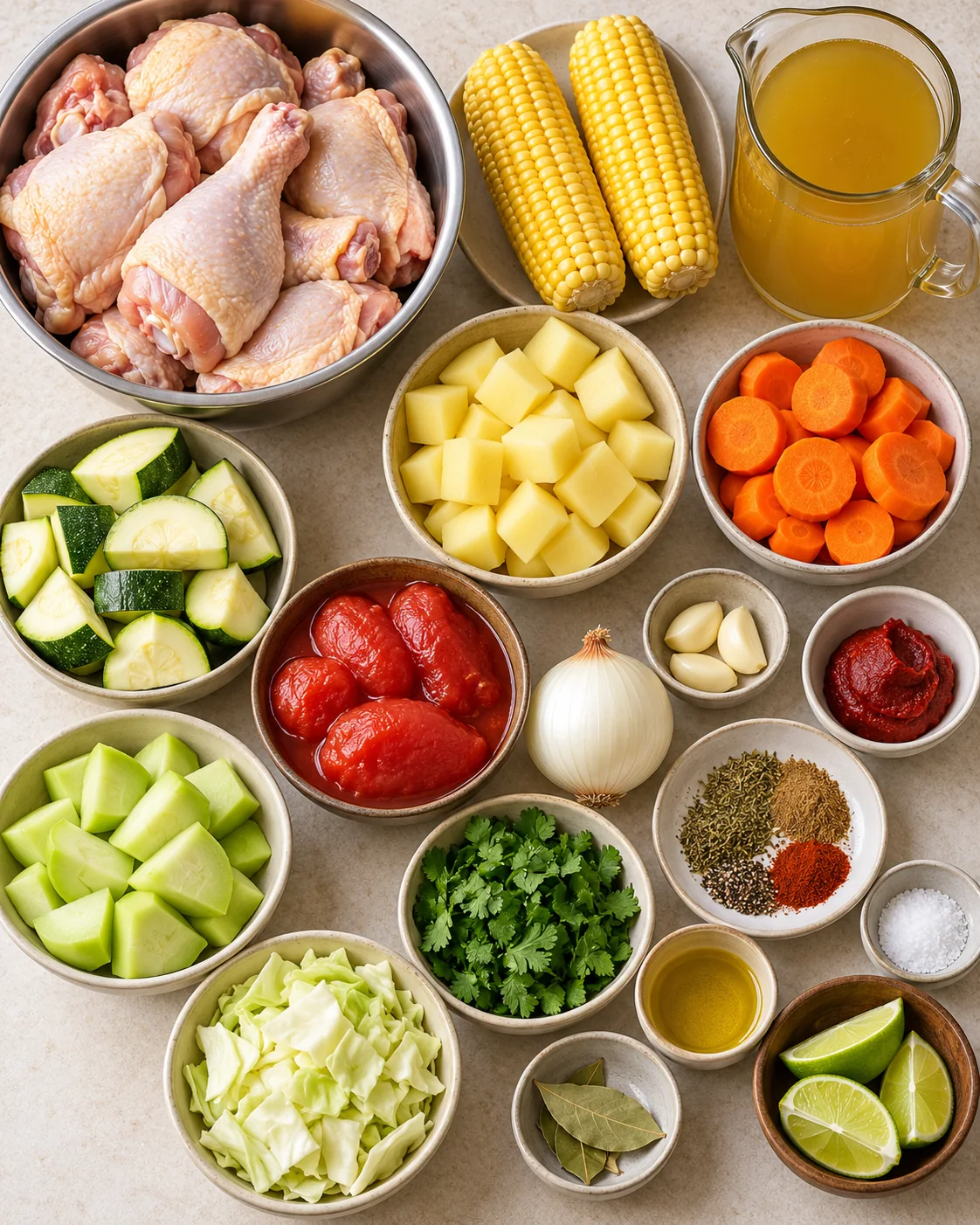 Ingredients for Classic Mexican Sopa de Pollo arranged overhead
