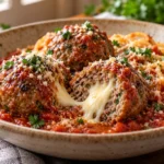 Mozzarella stuffed meatballs in marinara with a gooey cheese center and Parmesan