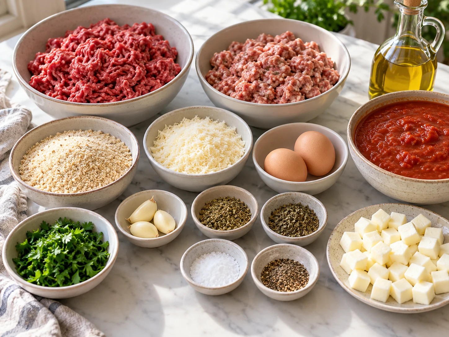 Ground beef, Italian sausage, breadcrumbs, Parmesan, eggs, herbs, mozzarella cubes, olive oil, and marinara
