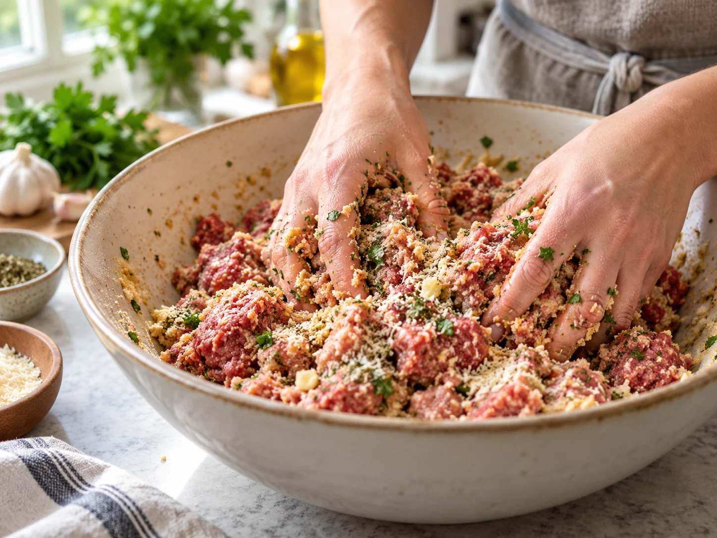 Ground beef and Italian sausage gently mixed with breadcrumbs, eggs, Parmesan, garlic, and herbs