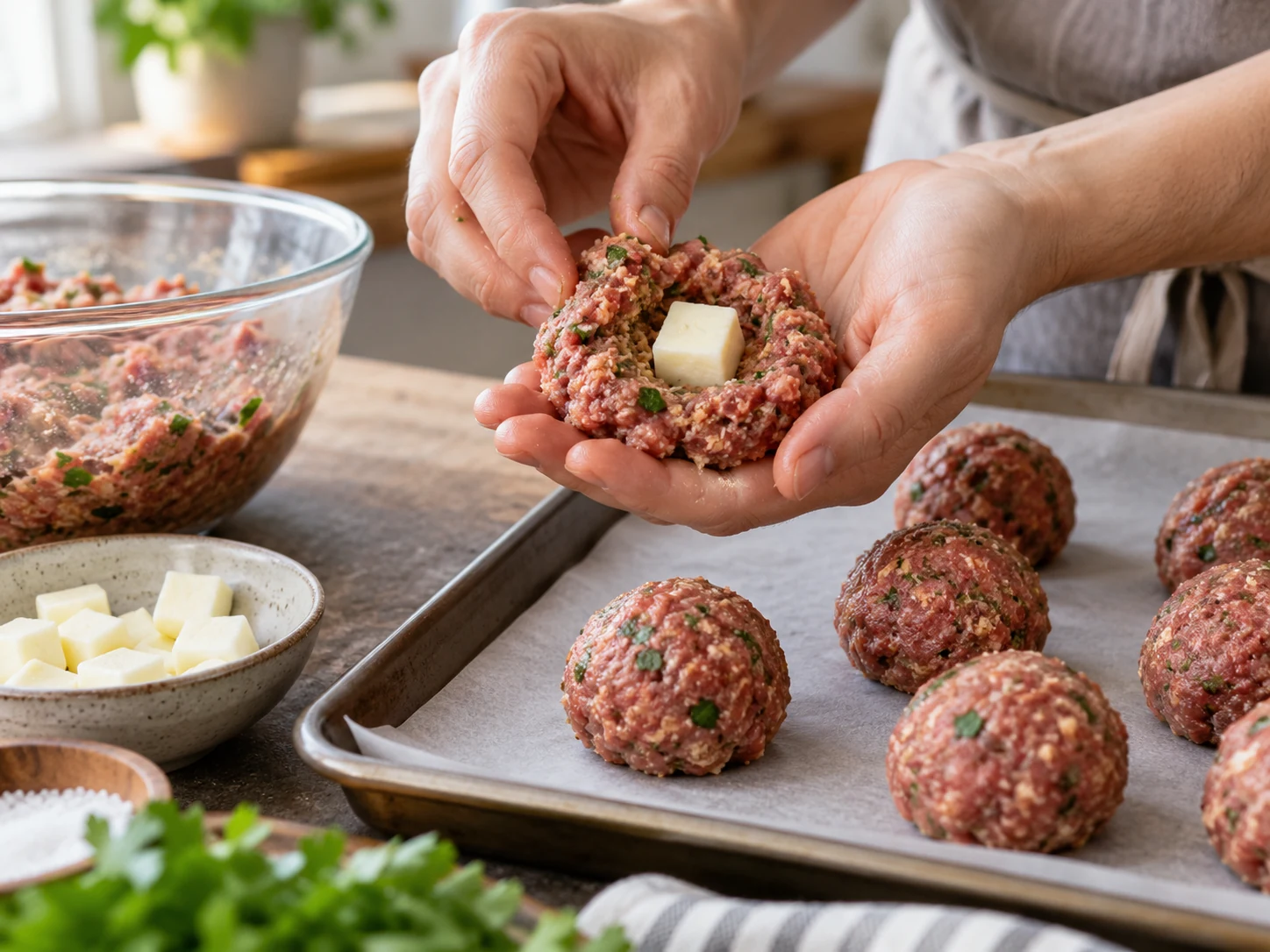 Mozzarella cube enclosed in seasoned meat mixture to form a stuffed meatball