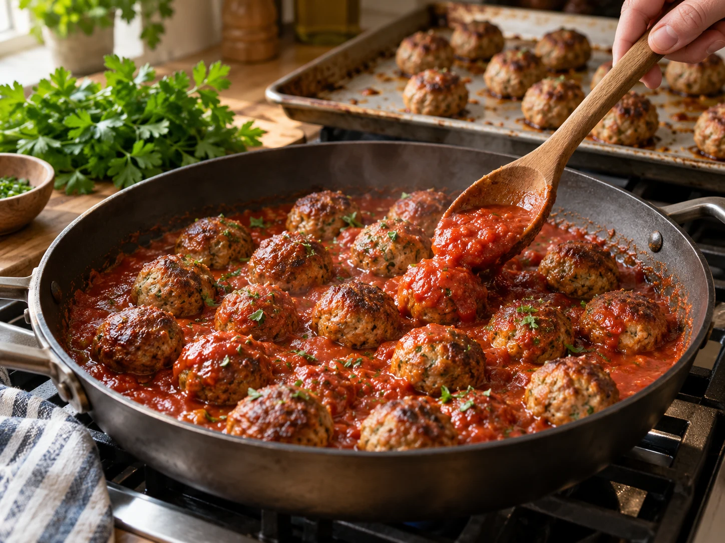 Baked mozzarella stuffed meatballs simmering in marinara sauce